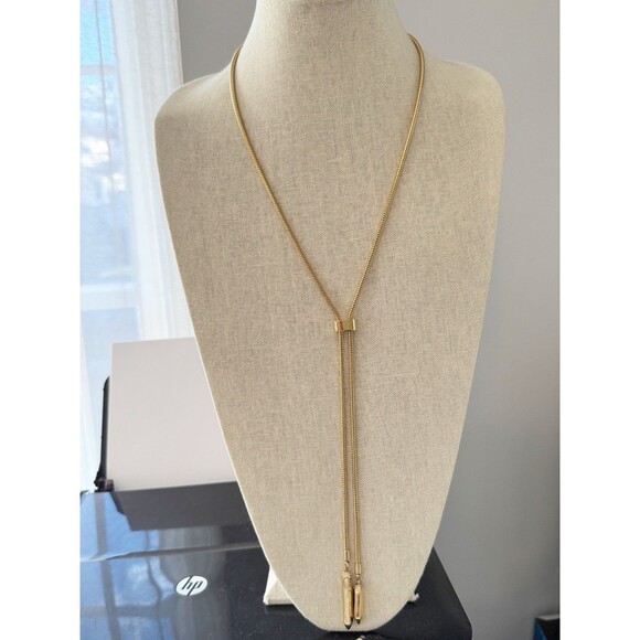 Gold Plated Lariat Necklace Snake Chain Geometric Rhinestone Drop Beads - Picture 3 of 10